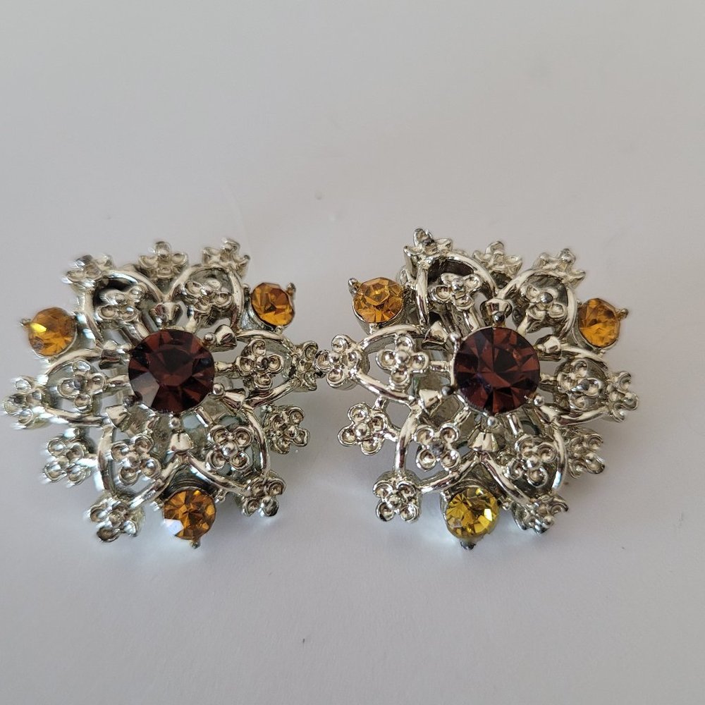 Vintage Fashion Floral Cluster Rhinestone Brown Yellow Stones Silver Earrings